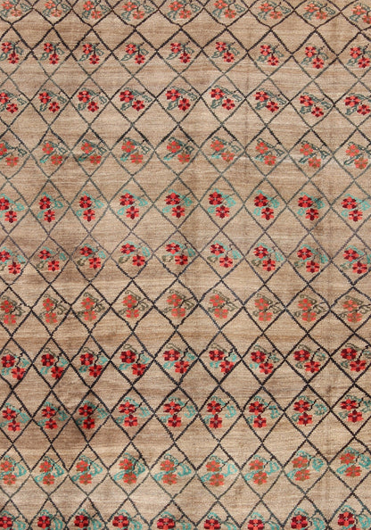 Turkish Konya Carpet in Camel Color Background, Red, Charcoal, Coral and Green. This colorful Turkish carpet rests beautifully upon a field of camel and light brown. A repeating flower pattern of taupe, green and gray takes center stage and is w... - Keivan Woven ArtsEN - 966 - 5434Rug