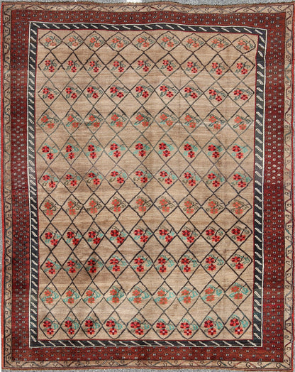 Turkish Konya Carpet in Camel Color Background, Red, Charcoal, Coral and Green. This colorful Turkish carpet rests beautifully upon a field of camel and light brown. A repeating flower pattern of taupe, green and gray takes center stage and is w... - Keivan Woven ArtsEN - 966 - 5434Rug