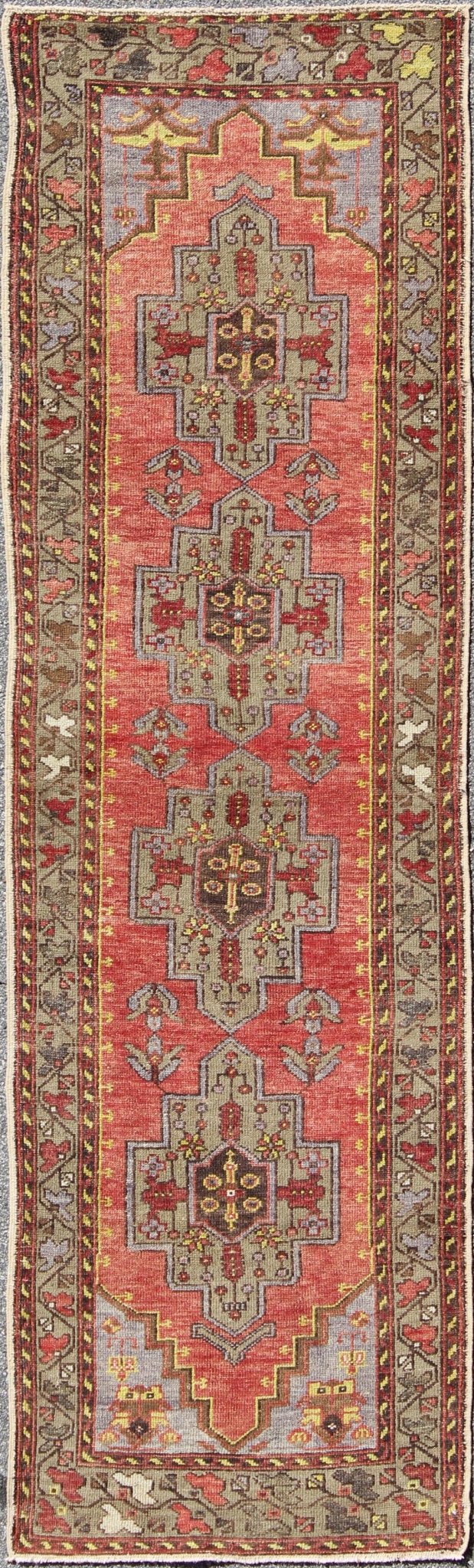 Cross Medallions Vintage Oushak Runner from Turkey in Burnt Orange and Olive, rug en - 973, country of origin / type: Turkey / Oushak, circa 1930 This vintage Turkish Oushak runner (circa 1930) features a unique blend of colors and an intricately ... - Keivan Woven ArtsEN - 973 - 3836Rug