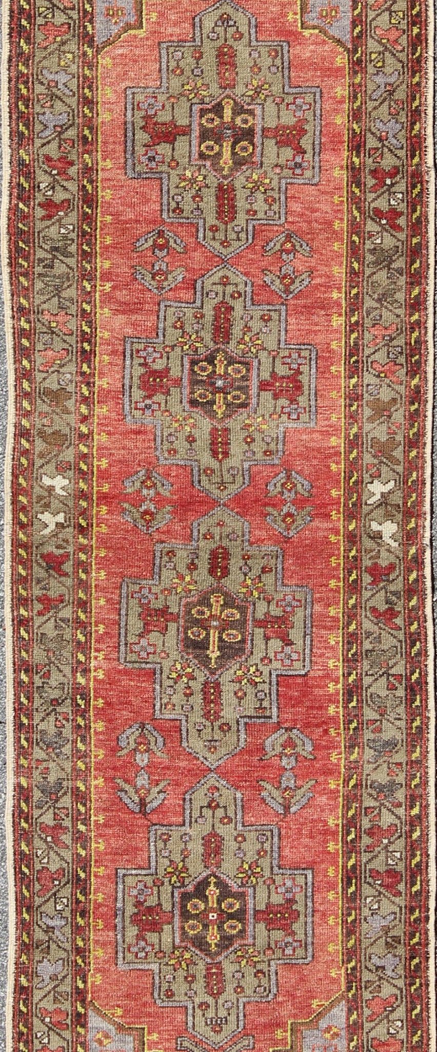 Cross Medallions Vintage Oushak Runner from Turkey in Burnt Orange and Olive, rug en - 973, country of origin / type: Turkey / Oushak, circa 1930 This vintage Turkish Oushak runner (circa 1930) features a unique blend of colors and an intricately ... - Keivan Woven ArtsEN - 973 - 3836Rug