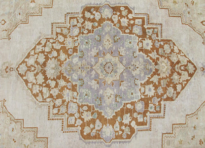 Vintage Turkish Oushak Rug in Brown, Pale Green, Taupe & Taupe Light Purple Measures 6'10 x 10'5 This softly colored Oushak carpet rests beautifully upon a field of elegant light taupe. A large medallion of lavender/gray and saddle brow... - Keivan Woven ArtsEN - 989 - 5265Rug