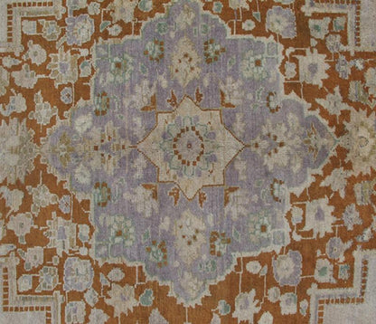 Vintage Turkish Oushak Rug in Brown, Pale Green, Taupe & Taupe Light Purple Measures 6'10 x 10'5 This softly colored Oushak carpet rests beautifully upon a field of elegant light taupe. A large medallion of lavender/gray and saddle brow... - Keivan Woven ArtsEN - 989 - 5265Rug