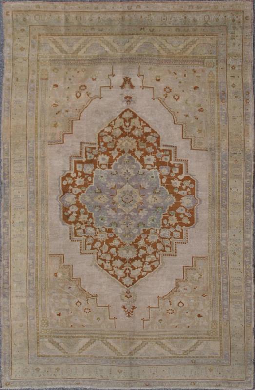 Vintage Turkish Oushak Rug in Brown, Pale Green, Taupe & Taupe Light Purple Measures 6'10 x 10'5 This softly colored Oushak carpet rests beautifully upon a field of elegant light taupe. A large medallion of lavender/gray and saddle brow... - Keivan Woven ArtsEN - 989 - 5265