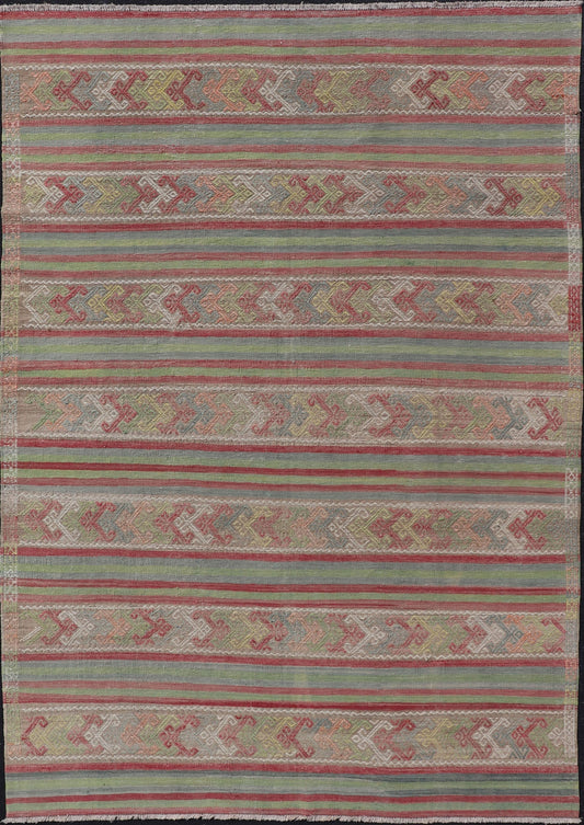 Colorful Vintage Embroidered Kilim with Stripes and Alternating Geometric Motifs Geometric stripe design Kilim rug in multi - colors, Keivan Woven Arts / rug EN - P13028, country of origin / type: Turkey / Kilim, circa 1950 Measures: 7 x 10'3... - Keivan Woven ArtsEN - P13028 - 17688