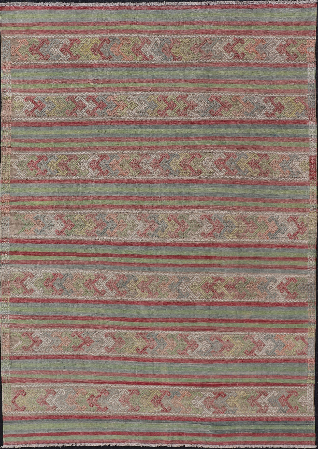 Colorful Vintage Embroidered Kilim with Stripes and Alternating Geometric Motifs Geometric stripe design Kilim rug in multi - colors, Keivan Woven Arts / rug EN - P13028, country of origin / type: Turkey / Kilim, circa 1950 Measures: 7 x 10'3... - Keivan Woven ArtsEN - P13028 - 17688Rug