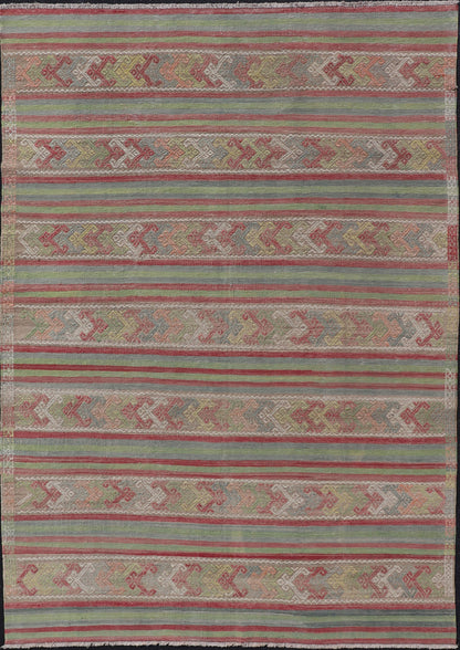 Colorful Vintage Embroidered Kilim with Stripes and Alternating Geometric Motifs Geometric stripe design Kilim rug in multi - colors, Keivan Woven Arts / rug EN - P13028, country of origin / type: Turkey / Kilim, circa 1950 Measures: 7 x 10'3... - Keivan Woven ArtsEN - P13028 - 17688Rug