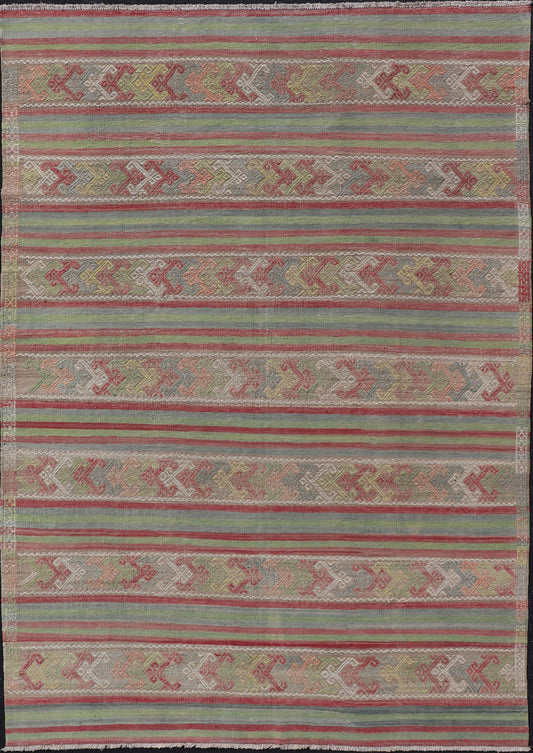Colorful Vintage Embroidered Kilim with Stripes and Alternating Geometric Motifs Geometric stripe design Kilim rug in multi - colors, Keivan Woven Arts / rug EN - P13028, country of origin / type: Turkey / Kilim, circa 1950 Measures: 7 x 10'3... - Keivan Woven ArtsEN - P13028 - 17688Rug