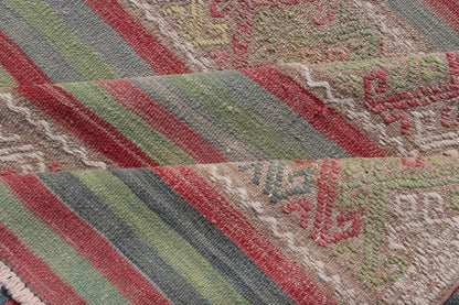 Colorful Vintage Embroidered Kilim with Stripes and Alternating Geometric Motifs Geometric stripe design Kilim rug in multi - colors, Keivan Woven Arts / rug EN - P13028, country of origin / type: Turkey / Kilim, circa 1950 Measures: 7 x 10'3... - Keivan Woven ArtsEN - P13028 - 17688Rug