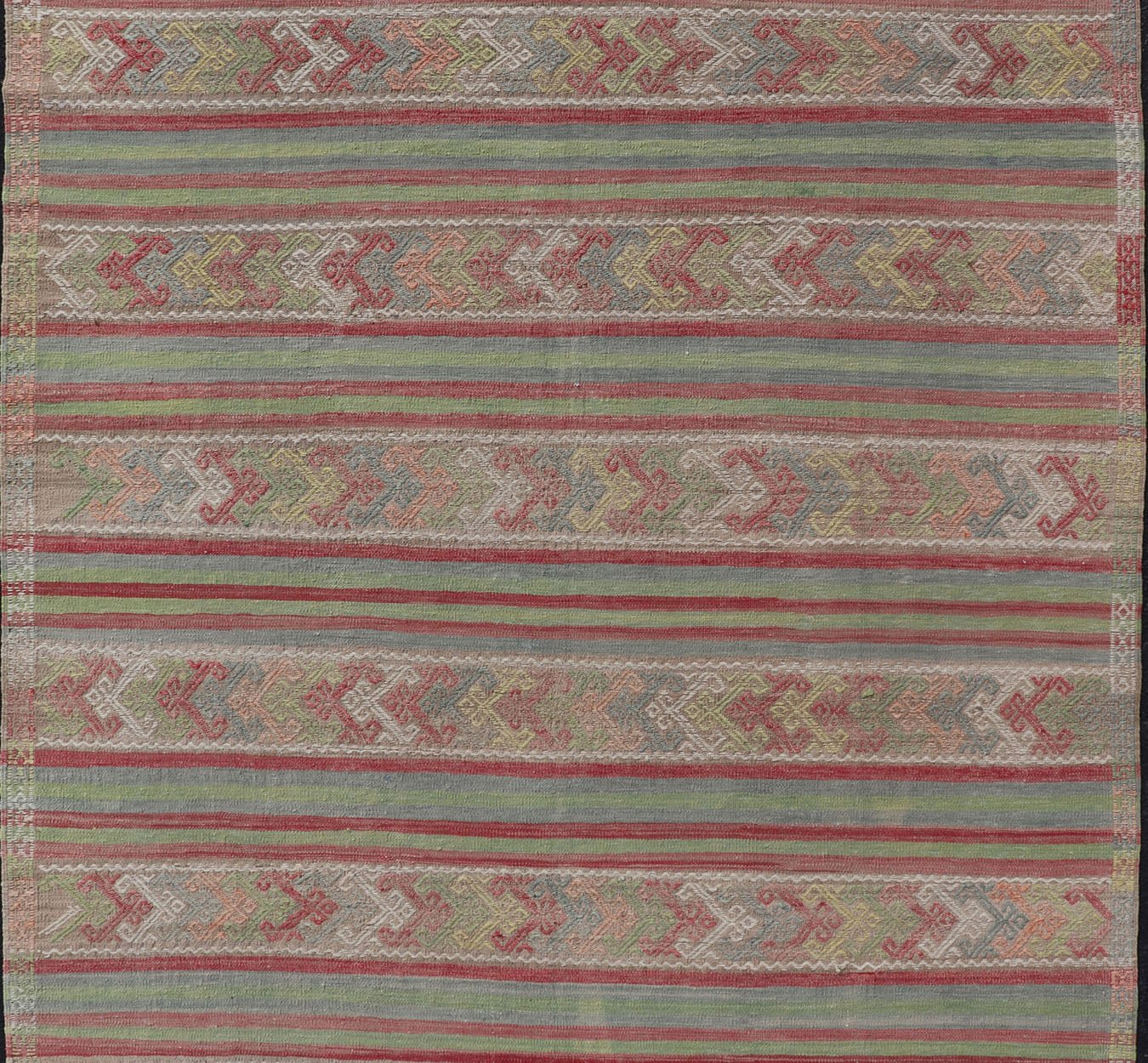 Colorful Vintage Embroidered Kilim with Stripes and Alternating Geometric Motifs Geometric stripe design Kilim rug in multi - colors, Keivan Woven Arts / rug EN - P13028, country of origin / type: Turkey / Kilim, circa 1950 Measures: 7 x 10'3... - Keivan Woven ArtsEN - P13028 - 17688Rug