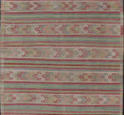 Colorful Vintage Embroidered Kilim with Stripes and Alternating Geometric Motifs Geometric stripe design Kilim rug in multi - colors, Keivan Woven Arts / rug EN - P13028, country of origin / type: Turkey / Kilim, circa 1950 Measures: 7 x 10'3... - Keivan Woven ArtsEN - P13028 - 17688Rug