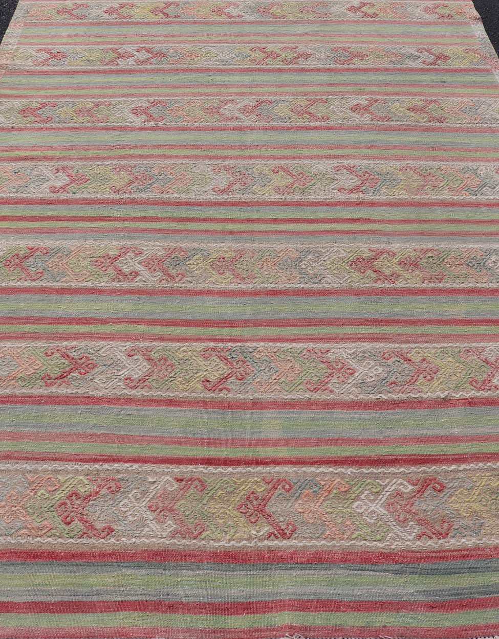 Colorful Vintage Embroidered Kilim with Stripes and Alternating Geometric Motifs Geometric stripe design Kilim rug in multi - colors, Keivan Woven Arts / rug EN - P13028, country of origin / type: Turkey / Kilim, circa 1950 Measures: 7 x 10'3... - Keivan Woven ArtsEN - P13028 - 17688Rug