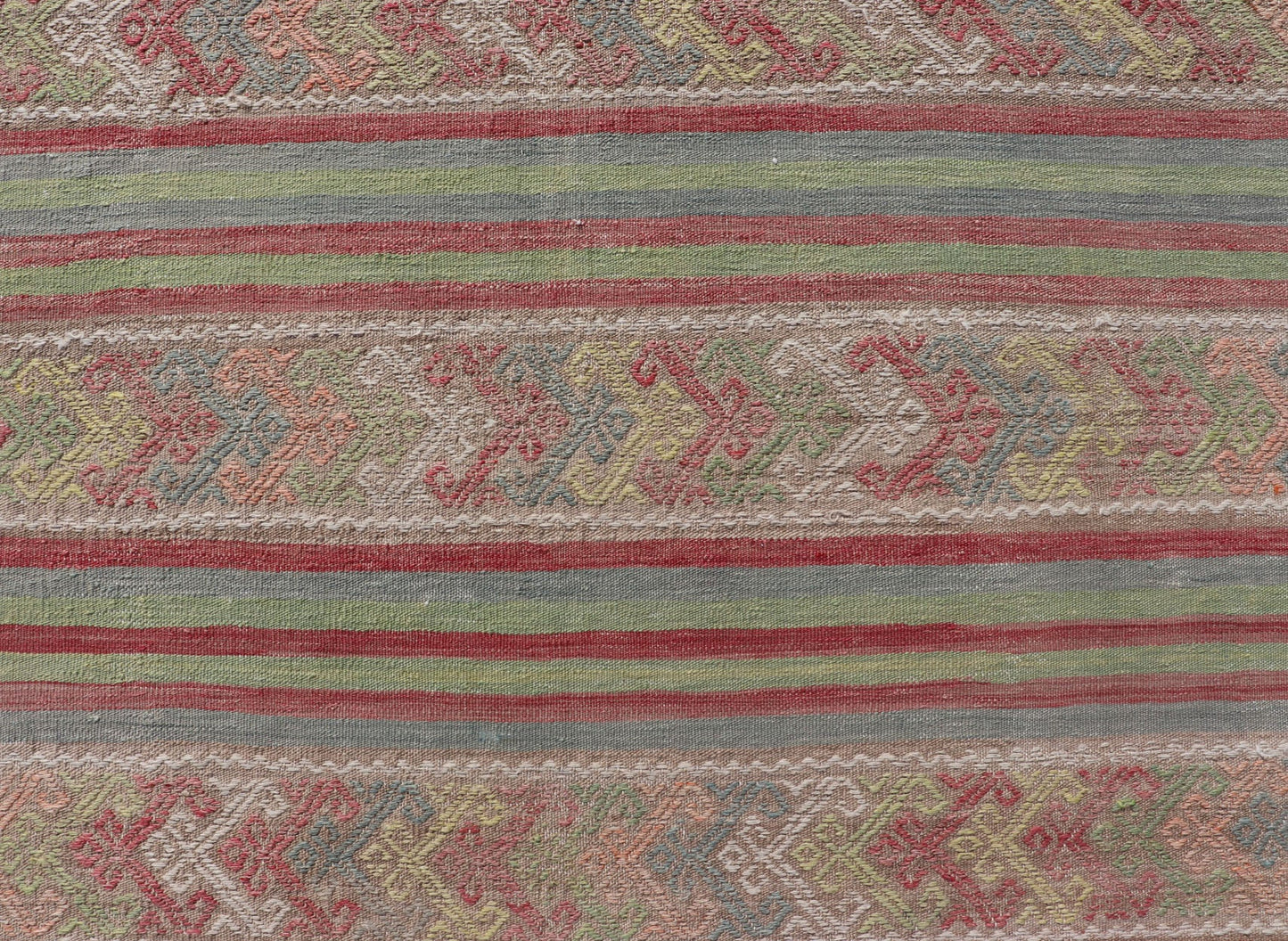 Colorful Vintage Embroidered Kilim with Stripes and Alternating Geometric Motifs Geometric stripe design Kilim rug in multi - colors, Keivan Woven Arts / rug EN - P13028, country of origin / type: Turkey / Kilim, circa 1950 Measures: 7 x 10'3... - Keivan Woven ArtsEN - P13028 - 17688Rug