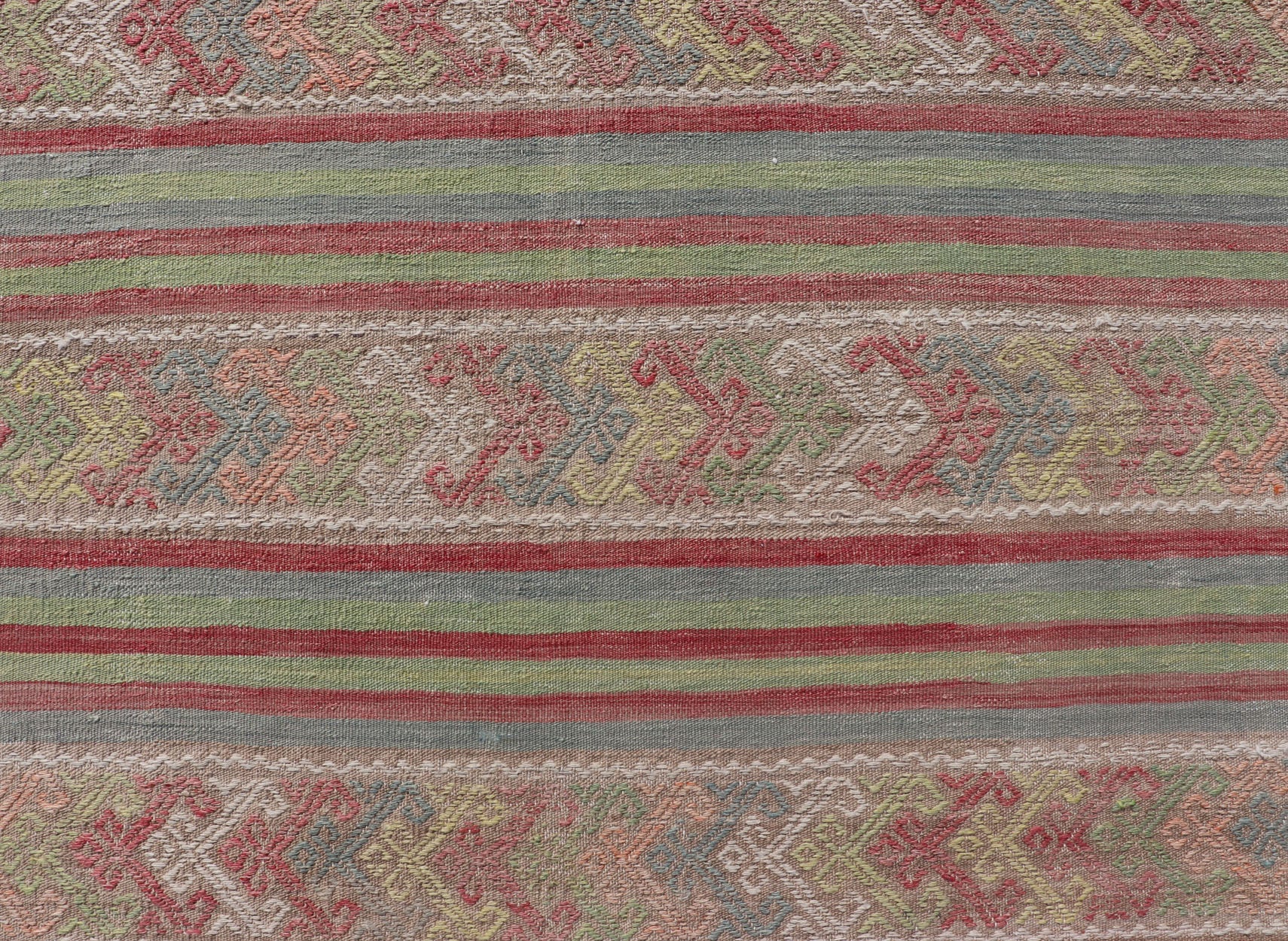 Colorful Vintage Embroidered Kilim with Stripes and Alternating Geometric Motifs Geometric stripe design Kilim rug in multi - colors, Keivan Woven Arts / rug EN - P13028, country of origin / type: Turkey / Kilim, circa 1950 Measures: 7 x 10'3... - Keivan Woven ArtsEN - P13028 - 17688Rug