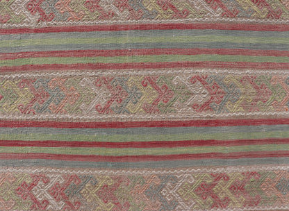 Colorful Vintage Embroidered Kilim with Stripes and Alternating Geometric Motifs Geometric stripe design Kilim rug in multi - colors, Keivan Woven Arts / rug EN - P13028, country of origin / type: Turkey / Kilim, circa 1950 Measures: 7 x 10'3... - Keivan Woven ArtsEN - P13028 - 17688Rug