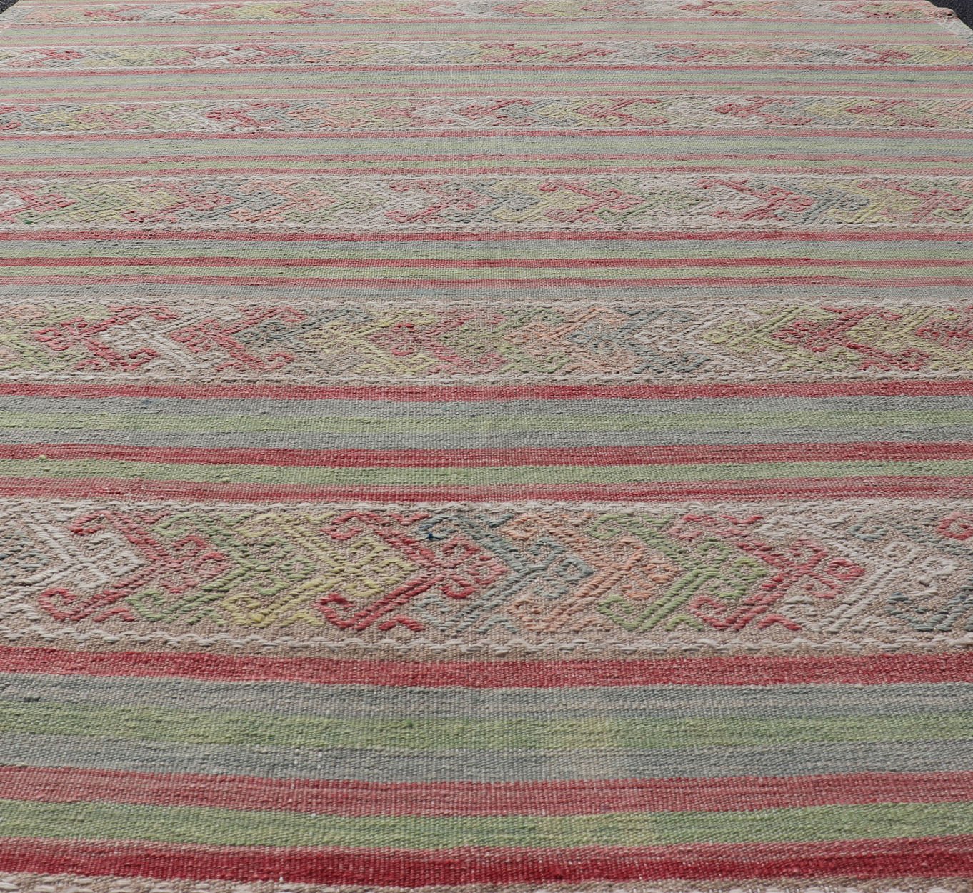 Colorful Vintage Embroidered Kilim with Stripes and Alternating Geometric Motifs Geometric stripe design Kilim rug in multi - colors, Keivan Woven Arts / rug EN - P13028, country of origin / type: Turkey / Kilim, circa 1950 Measures: 7 x 10'3... - Keivan Woven ArtsEN - P13028 - 17688Rug