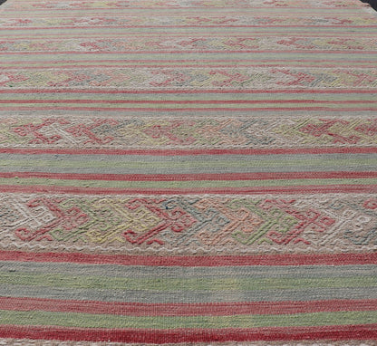 Colorful Vintage Embroidered Kilim with Stripes and Alternating Geometric Motifs Geometric stripe design Kilim rug in multi - colors, Keivan Woven Arts / rug EN - P13028, country of origin / type: Turkey / Kilim, circa 1950 Measures: 7 x 10'3... - Keivan Woven ArtsEN - P13028 - 17688Rug
