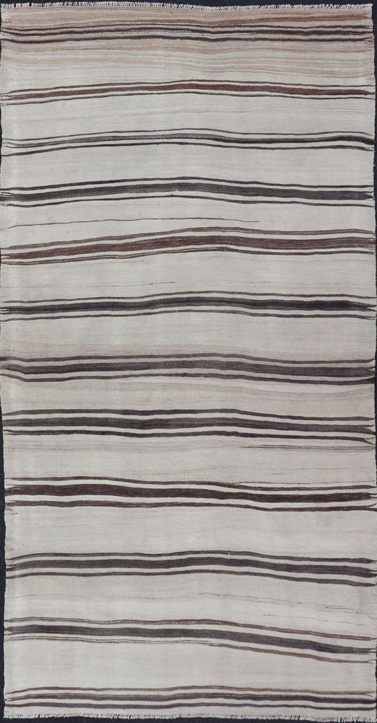 Turkish Vintage Flat - Weave in Shades of Brown and Ivory with Stripe Design Turkish Vintage Flat - Weave in Shades of Brown and Ivory with Stripe Design with Minimalist design and stripes. Keivan Woven Arts / rug EN - P13118, country of origin / typ... - Keivan Woven ArtsEN - P13118 - 17802
