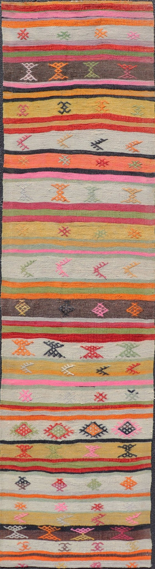 Vintage Hand Woven Turkish Kilim Colorful Stripe Runner with Tribal Motifs Colorful vintage Turkish Kilim runner with a stripe and modern design, Minimalist stripe design Kilim runner from Turkey. Keivan Woven Arts / rug EN - P13129, country of o... - Keivan Woven ArtsEN - P13129 - 17700Rug