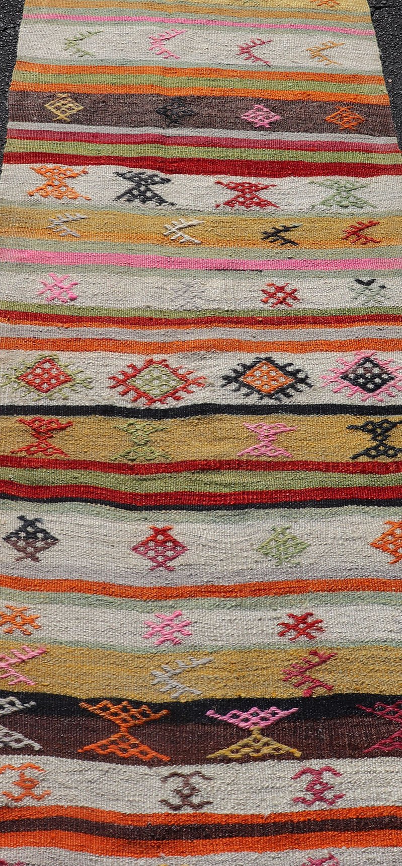 Vintage Hand Woven Turkish Kilim Colorful Stripe Runner with Tribal Motifs Colorful vintage Turkish Kilim runner with a stripe and modern design, Minimalist stripe design Kilim runner from Turkey. Keivan Woven Arts / rug EN - P13129, country of o... - Keivan Woven ArtsEN - P13129 - 17700Rug