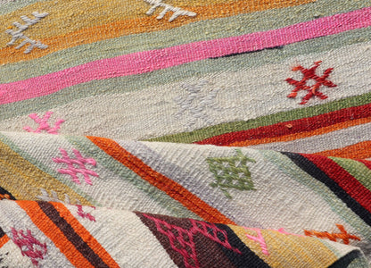 Vintage Hand Woven Turkish Kilim Colorful Stripe Runner with Tribal Motifs Colorful vintage Turkish Kilim runner with a stripe and modern design, Minimalist stripe design Kilim runner from Turkey. Keivan Woven Arts / rug EN - P13129, country of o... - Keivan Woven ArtsEN - P13129 - 17700Rug
