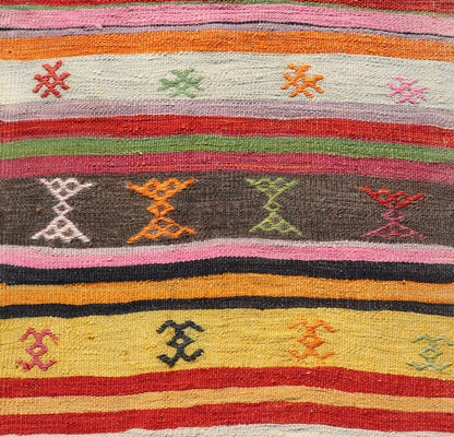 Vintage Hand Woven Turkish Kilim Colorful Stripe Runner with Tribal Motifs Colorful vintage Turkish Kilim runner with a stripe and modern design, Minimalist stripe design Kilim runner from Turkey. Keivan Woven Arts / rug EN - P13129, country of o... - Keivan Woven ArtsEN - P13129 - 17700Rug