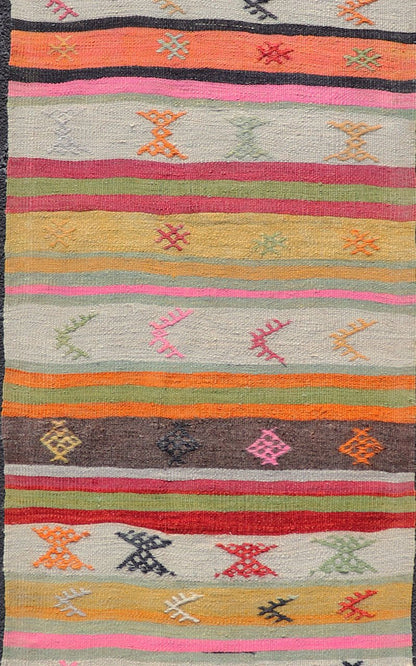 Vintage Hand Woven Turkish Kilim Colorful Stripe Runner with Tribal Motifs Colorful vintage Turkish Kilim runner with a stripe and modern design, Minimalist stripe design Kilim runner from Turkey. Keivan Woven Arts / rug EN - P13129, country of o... - Keivan Woven ArtsEN - P13129 - 17700Rug