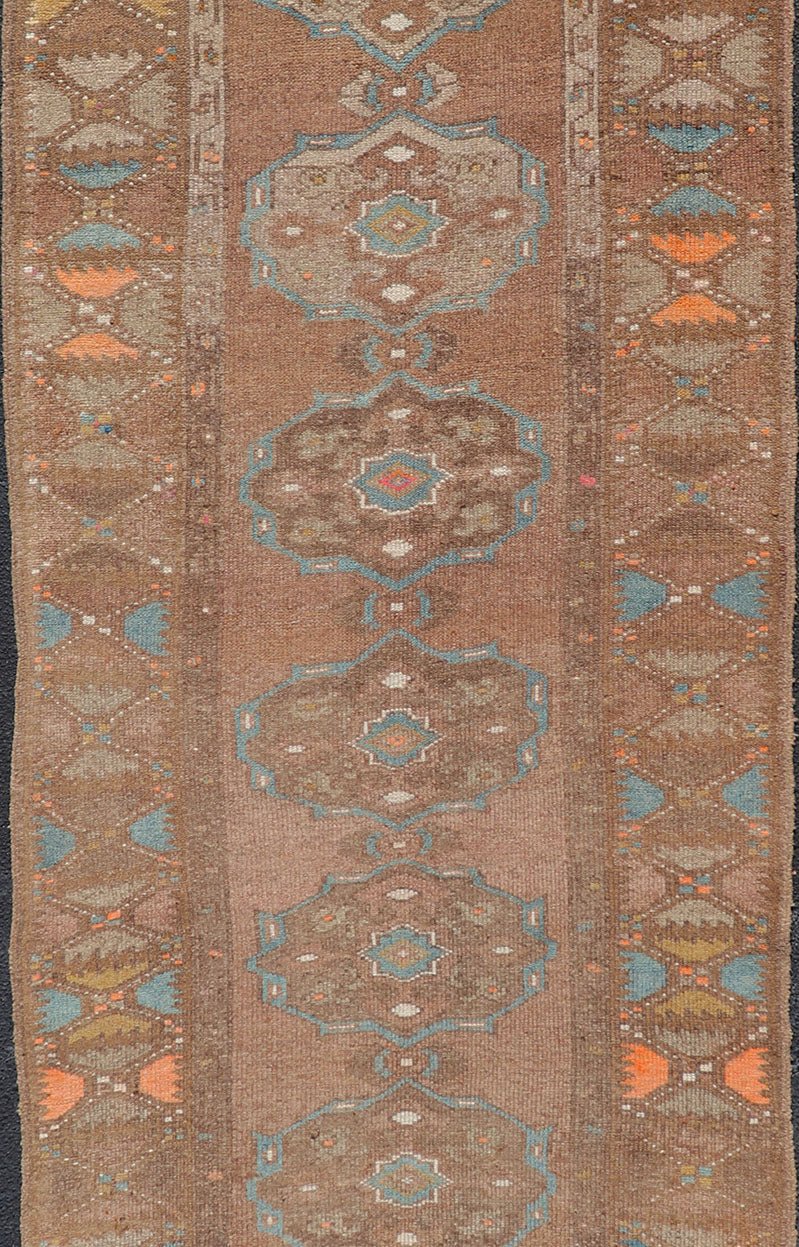 Vintage Turkish Kars Runner in Brown Color, Tan, Taupe and Soft Orange Vintage Turkish Kars Runner in Brown Color, Tan, Taupe and Soft Orange. Keivan Woven Arts / rug EN - P13239, country of origin / type: Turkey / Kilim, circa Mid - 20th Century. ... - Keivan Woven ArtsEN - P13239 - 18120Rug