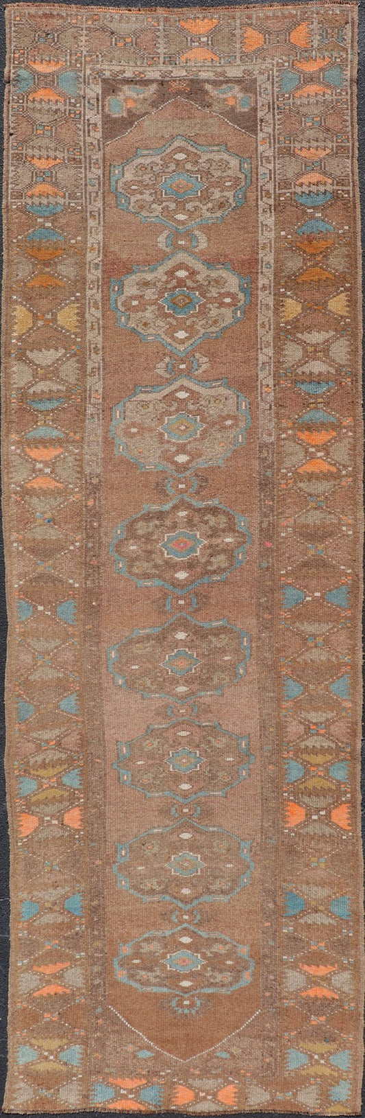 Vintage Turkish Kars Runner in Brown Color, Tan, Taupe and Soft Orange Vintage Turkish Kars Runner in Brown Color, Tan, Taupe and Soft Orange. Keivan Woven Arts / rug EN - P13239, country of origin / type: Turkey / Kilim, circa Mid - 20th Century. ... - Keivan Woven ArtsEN - P13239 - 18120Rug