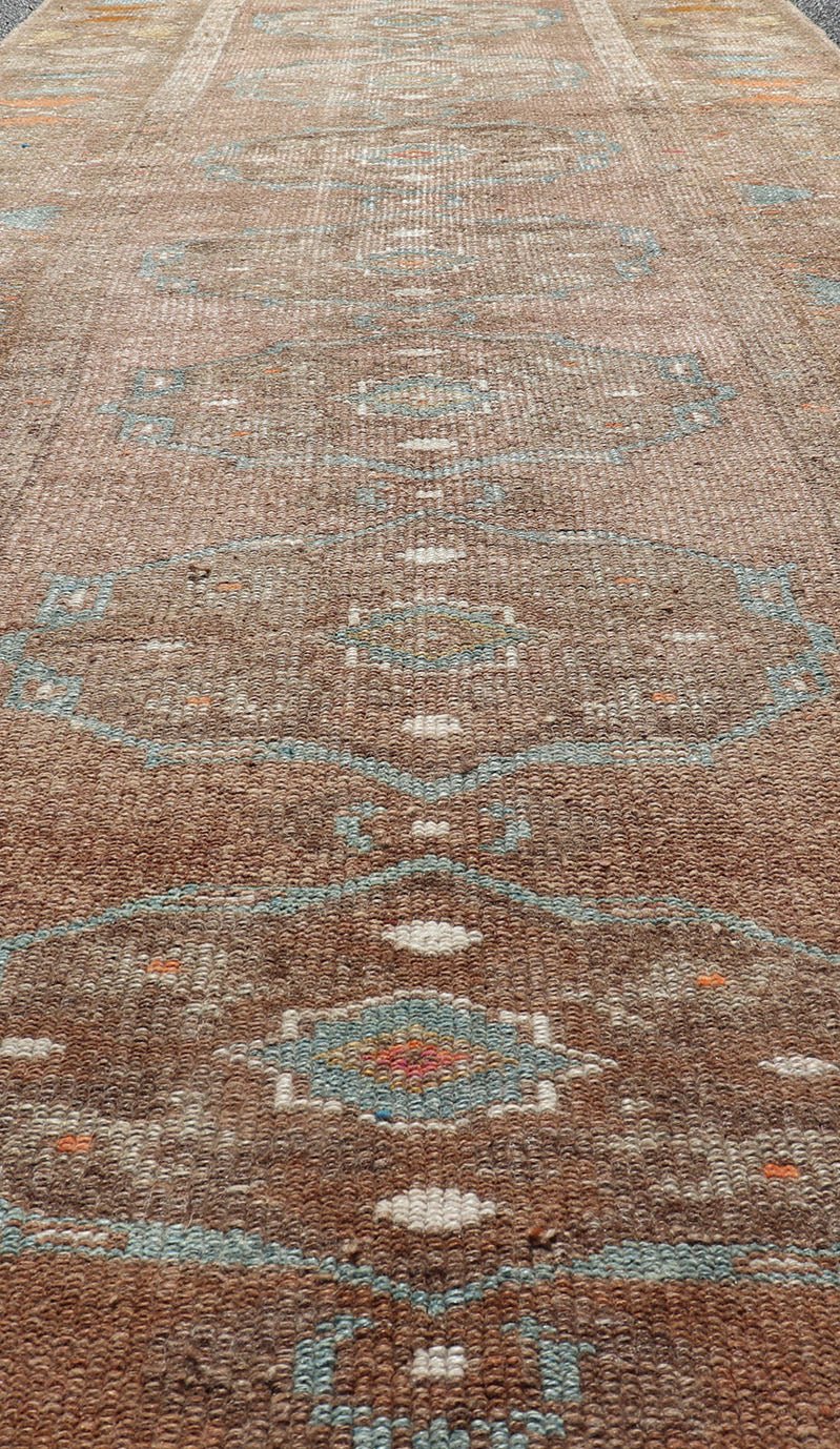 Vintage Turkish Kars Runner in Brown Color, Tan, Taupe and Soft Orange Vintage Turkish Kars Runner in Brown Color, Tan, Taupe and Soft Orange. Keivan Woven Arts / rug EN - P13239, country of origin / type: Turkey / Kilim, circa Mid - 20th Century. ... - Keivan Woven ArtsEN - P13239 - 18120Rug
