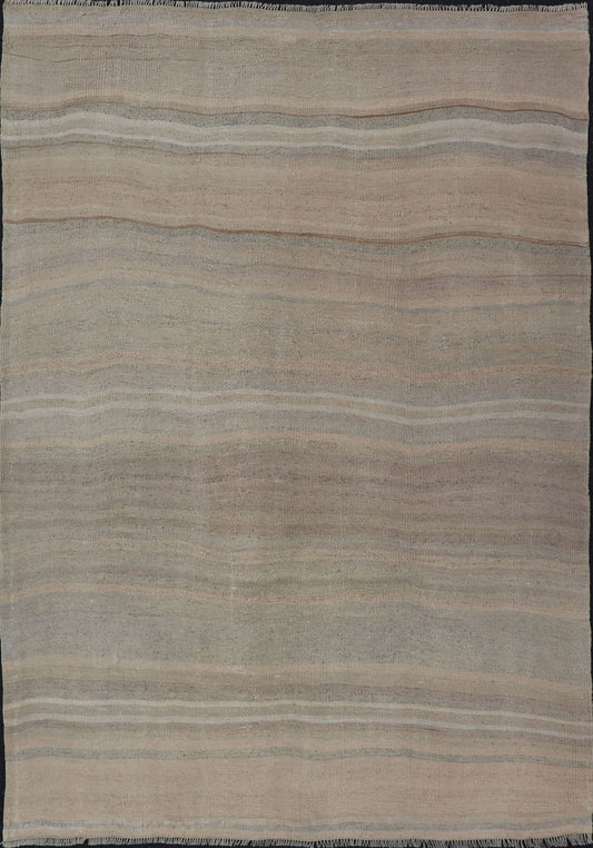 Vintage Turkish Kilim with Stripes in Taupe, Gray, Tan, Cream and Brown Vintage Turkish Kilim with Stripes in Taupe, Gray, Tan, Cream and Brown. Keivan Woven Arts / rug EN - P13422, country of origin / type: Turkey / Kilim, circa Mid - 20th Century.... - Keivan Woven ArtsEN - P13422 - 17814