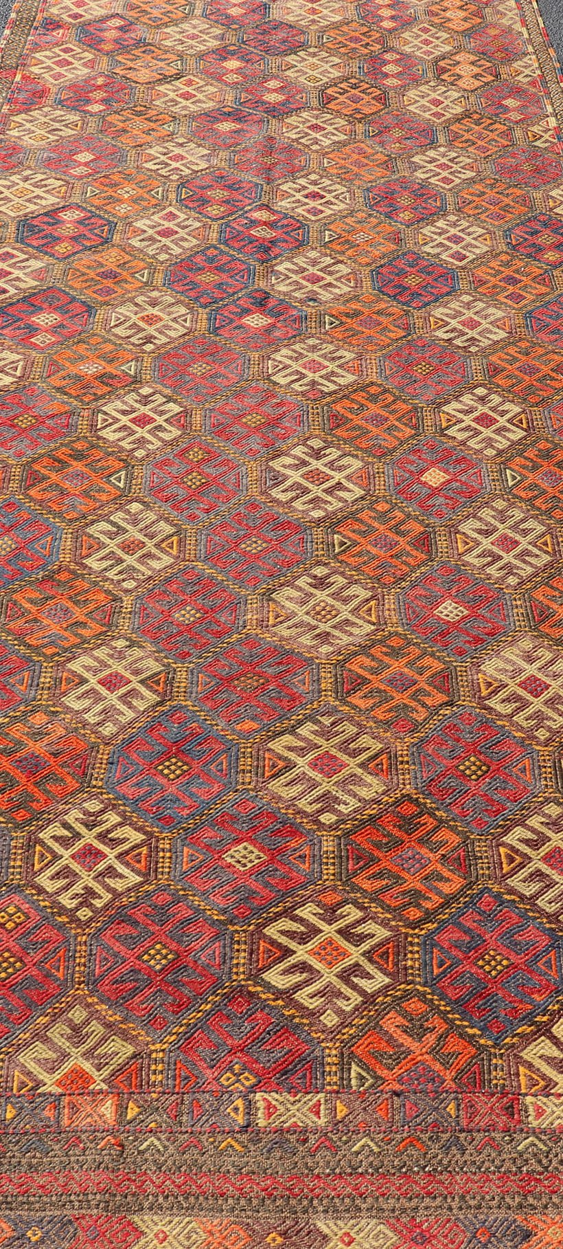 Vintage Turkish Embroidered Gallery Kilim Runner with All - Over Design Vintage Gallery Runner Embroidered Kilim Runner, Keivan Woven Arts / rug EN - P13427, country of origin / type: Turkey / Kilim, circa Mid - 20th Century. Measures: 5'1 x 1... - Keivan Woven ArtsEN - P13427 - 17772Rug