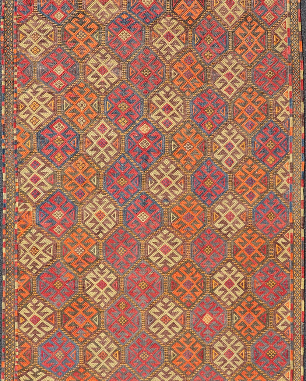 Vintage Turkish Embroidered Gallery Kilim Runner with All - Over Design Vintage Gallery Runner Embroidered Kilim Runner, Keivan Woven Arts / rug EN - P13427, country of origin / type: Turkey / Kilim, circa Mid - 20th Century. Measures: 5'1 x 1... - Keivan Woven ArtsEN - P13427 - 17772Rug