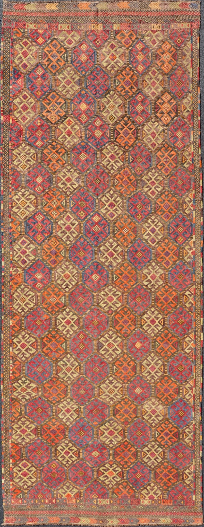 Vintage Turkish Embroidered Gallery Kilim Runner with All - Over Design Vintage Gallery Runner Embroidered Kilim Runner, Keivan Woven Arts / rug EN - P13427, country of origin / type: Turkey / Kilim, circa Mid - 20th Century. Measures: 5'1 x 1... - Keivan Woven ArtsEN - P13427 - 17772Rug