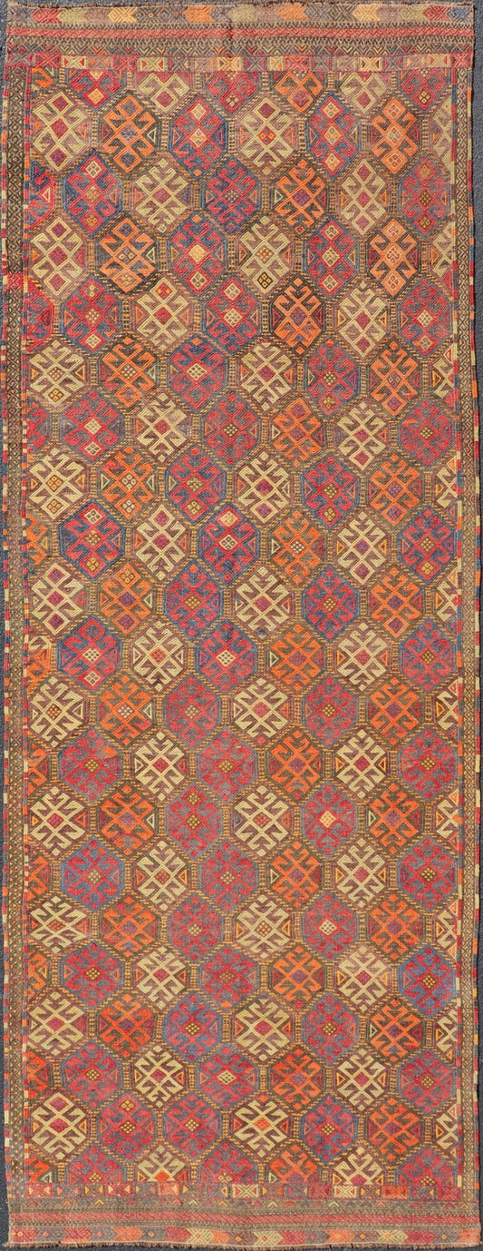 Vintage Turkish Embroidered Gallery Kilim Runner with All - Over Design Vintage Gallery Runner Embroidered Kilim Runner, Keivan Woven Arts / rug EN - P13427, country of origin / type: Turkey / Kilim, circa Mid - 20th Century. Measures: 5'1 x 1... - Keivan Woven ArtsEN - P13427 - 17772Rug