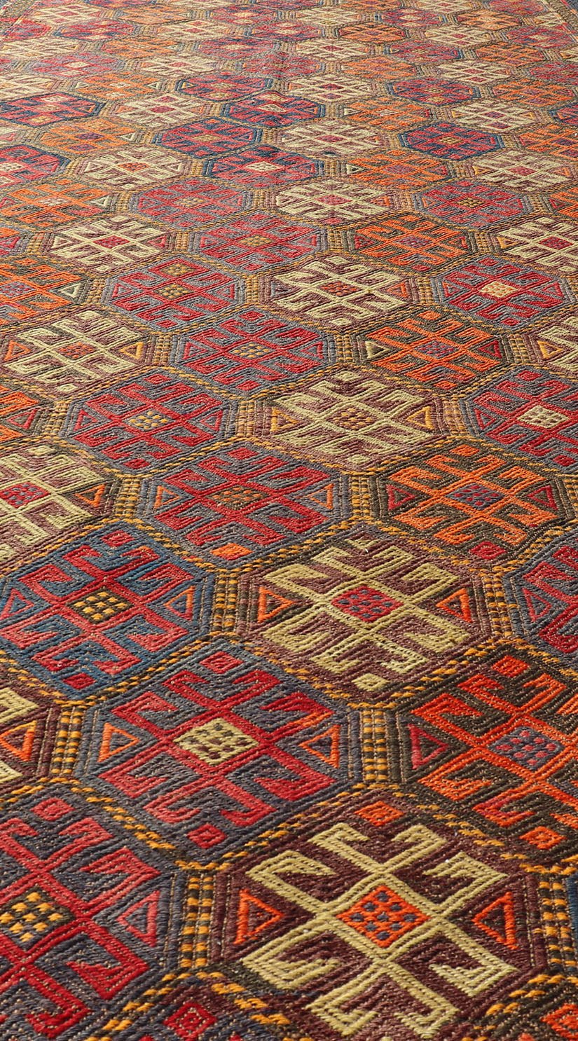 Vintage Turkish Embroidered Gallery Kilim Runner with All - Over Design Vintage Gallery Runner Embroidered Kilim Runner, Keivan Woven Arts / rug EN - P13427, country of origin / type: Turkey / Kilim, circa Mid - 20th Century. Measures: 5'1 x 1... - Keivan Woven ArtsEN - P13427 - 17772Rug