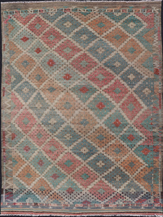 Vintage Turkish Kilim with All - Over Geometric Diamond Design in Multicolor Vintage Kilim Rug with all - over geometric design in soft array of colors. Keivan Woven Arts / rug EN - P13428, country of origin / type: Turkey / Kilim, circa Mid - 20th Cent... - Keivan Woven ArtsEN - P13428 - 17778Rug
