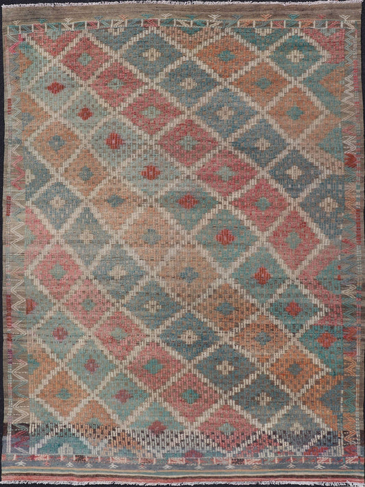 Vintage Turkish Kilim with All - Over Geometric Diamond Design in Multicolor Vintage Kilim Rug with all - over geometric design in soft array of colors. Keivan Woven Arts / rug EN - P13428, country of origin / type: Turkey / Kilim, circa Mid - 20th Cent... - Keivan Woven ArtsEN - P13428 - 17778