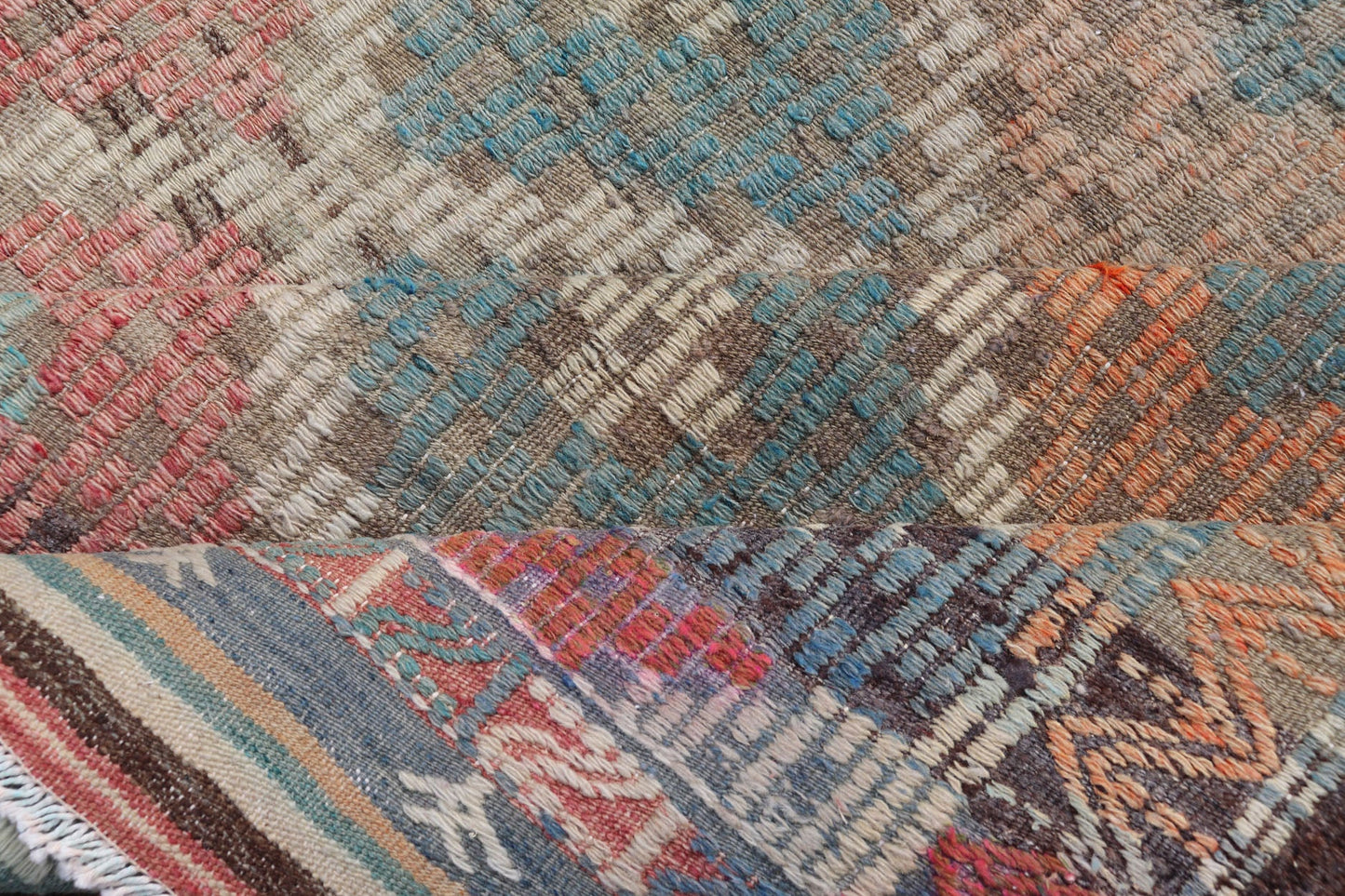 Vintage Turkish Kilim with All - Over Geometric Diamond Design in Multicolor Vintage Kilim Rug with all - over geometric design in soft array of colors. Keivan Woven Arts / rug EN - P13428, country of origin / type: Turkey / Kilim, circa Mid - 20th Cent... - Keivan Woven ArtsEN - P13428 - 17778Rug