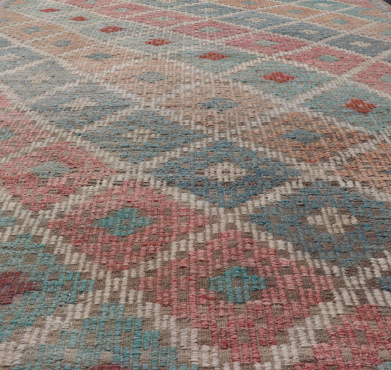 Vintage Turkish Kilim with All - Over Geometric Diamond Design in Multicolor Vintage Kilim Rug with all - over geometric design in soft array of colors. Keivan Woven Arts / rug EN - P13428, country of origin / type: Turkey / Kilim, circa Mid - 20th Cent... - Keivan Woven ArtsEN - P13428 - 17778Rug