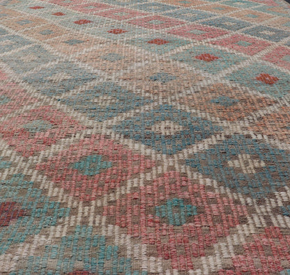 Vintage Turkish Kilim with All - Over Geometric Diamond Design in Multicolor Vintage Kilim Rug with all - over geometric design in soft array of colors. Keivan Woven Arts / rug EN - P13428, country of origin / type: Turkey / Kilim, circa Mid - 20th Cent... - Keivan Woven ArtsEN - P13428 - 17778Rug