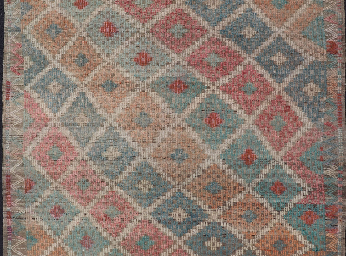 Vintage Turkish Kilim with All - Over Geometric Diamond Design in Multicolor Vintage Kilim Rug with all - over geometric design in soft array of colors. Keivan Woven Arts / rug EN - P13428, country of origin / type: Turkey / Kilim, circa Mid - 20th Cent... - Keivan Woven ArtsEN - P13428 - 17778Rug