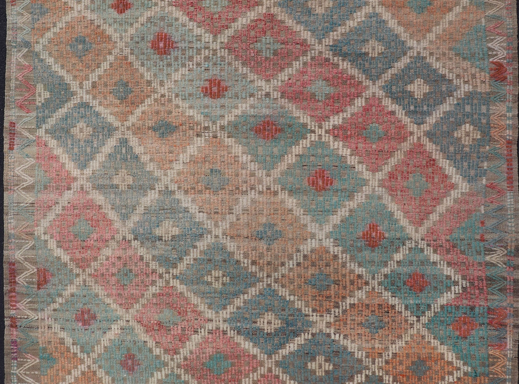 Vintage Turkish Kilim with All - Over Geometric Diamond Design in Multicolor Vintage Kilim Rug with all - over geometric design in soft array of colors. Keivan Woven Arts / rug EN - P13428, country of origin / type: Turkey / Kilim, circa Mid - 20th Cent... - Keivan Woven ArtsEN - P13428 - 17778Rug