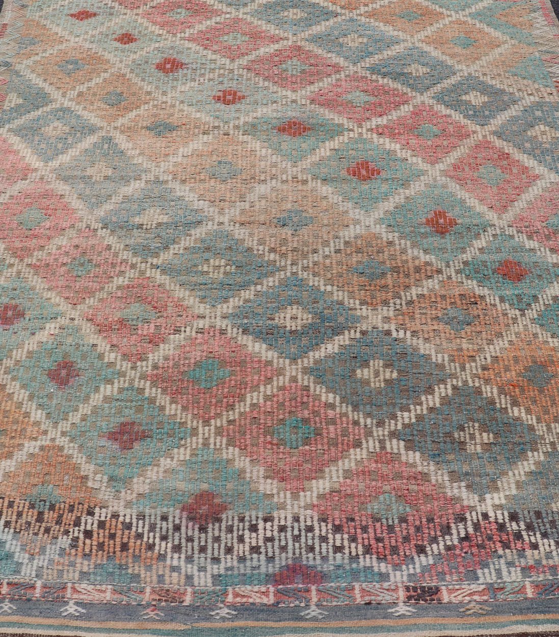 Vintage Turkish Kilim with All - Over Geometric Diamond Design in Multicolor Vintage Kilim Rug with all - over geometric design in soft array of colors. Keivan Woven Arts / rug EN - P13428, country of origin / type: Turkey / Kilim, circa Mid - 20th Cent... - Keivan Woven ArtsEN - P13428 - 17778Rug