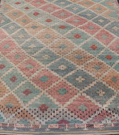 Vintage Turkish Kilim with All - Over Geometric Diamond Design in Multicolor Vintage Kilim Rug with all - over geometric design in soft array of colors. Keivan Woven Arts / rug EN - P13428, country of origin / type: Turkey / Kilim, circa Mid - 20th Cent... - Keivan Woven ArtsEN - P13428 - 17778Rug
