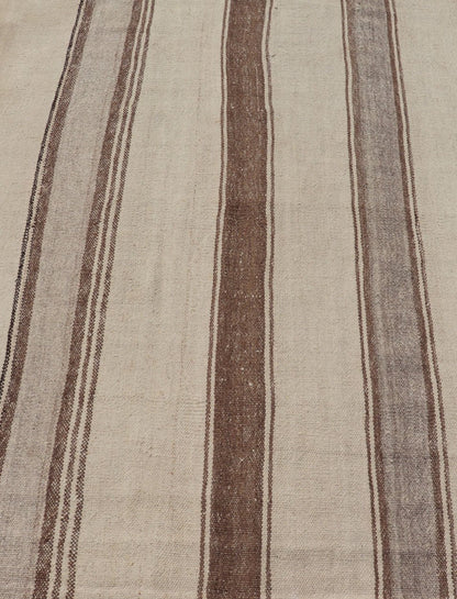 Vintage Turkish Kilim with Vertical Stripes in Tan, Taupe, gray, Cream and Brown Vintage Kilim Rug, rug EN - P13441 , country of origin / type: Turkey / Kilim, circa Mid - 20th Century. Measures: 4'3 x 5'10. - Keivan Woven ArtsEN - P13441 - 18449Rug