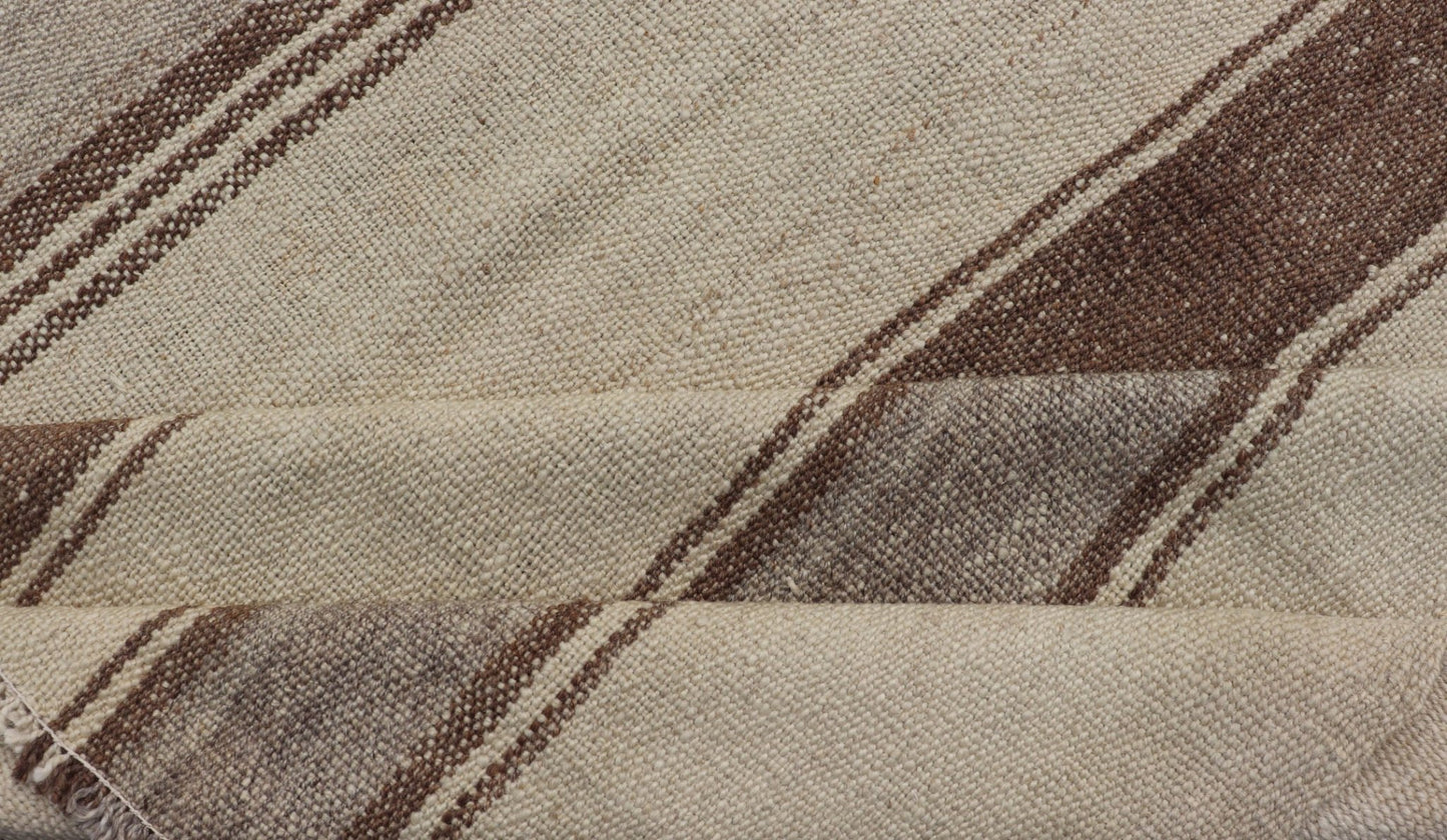 Vintage Turkish Kilim with Vertical Stripes in Tan, Taupe, gray, Cream and Brown Vintage Kilim Rug, rug EN - P13441 , country of origin / type: Turkey / Kilim, circa Mid - 20th Century. Measures: 4'3 x 5'10. - Keivan Woven ArtsEN - P13441 - 18449Rug