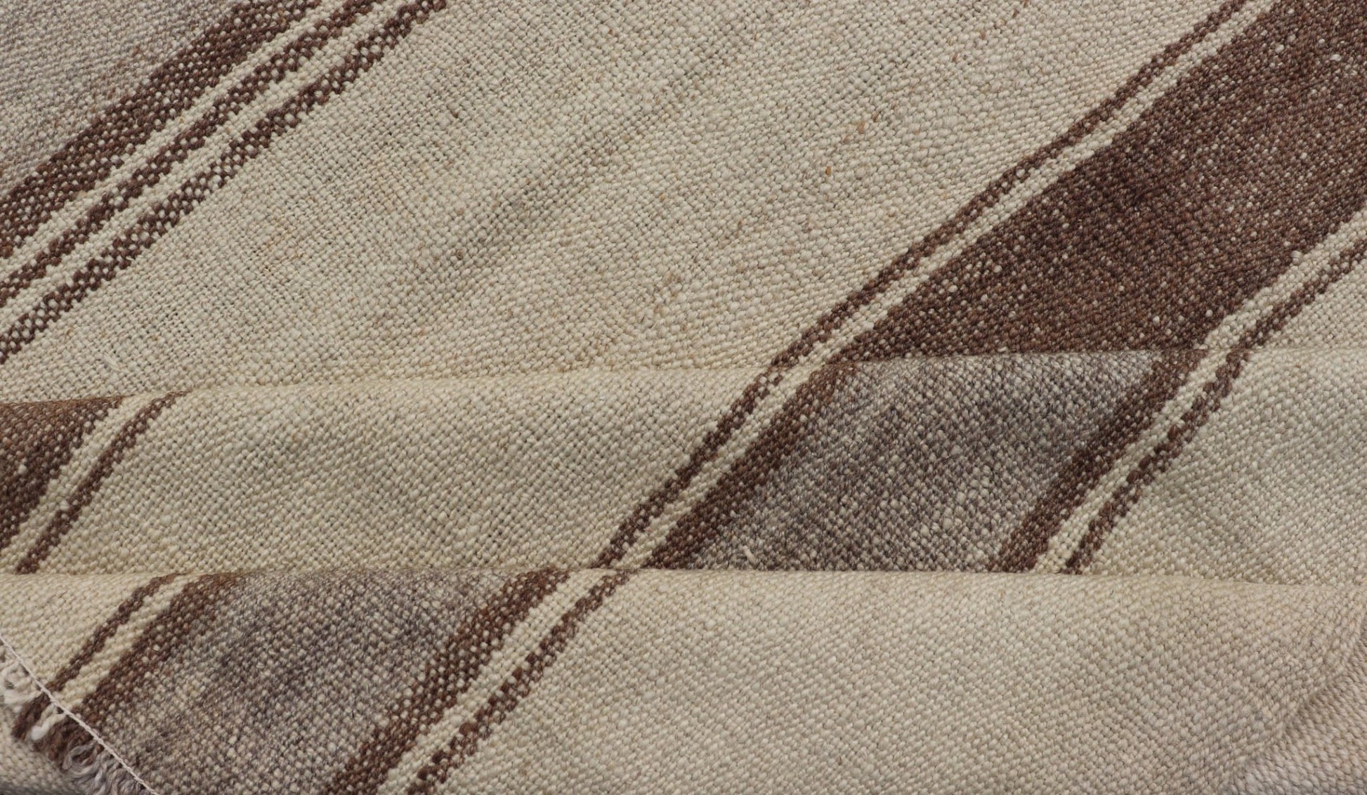 Vintage Turkish Kilim with Vertical Stripes in Tan, Taupe, gray, Cream and Brown Vintage Kilim Rug, rug EN - P13441 , country of origin / type: Turkey / Kilim, circa Mid - 20th Century. Measures: 4'3 x 5'10. - Keivan Woven ArtsEN - P13441 - 18449Rug