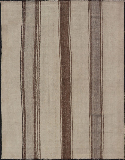 Vintage Turkish Kilim with Vertical Stripes in Tan, Taupe, gray, Cream and Brown Vintage Kilim Rug, rug EN - P13441 , country of origin / type: Turkey / Kilim, circa Mid - 20th Century. Measures: 4'3 x 5'10. - Keivan Woven ArtsEN - P13441 - 18449Rug