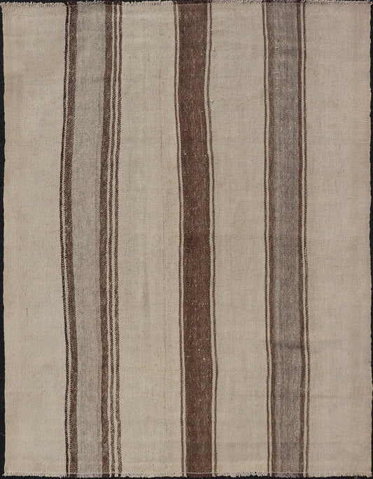 Vintage Turkish Kilim with Vertical Stripes in Tan, Taupe, gray, Cream and Brown Vintage Kilim Rug, rug EN - P13441 , country of origin / type: Turkey / Kilim, circa Mid - 20th Century. Measures: 4'3 x 5'10. - Keivan Woven ArtsEN - P13441 - 18449Rug