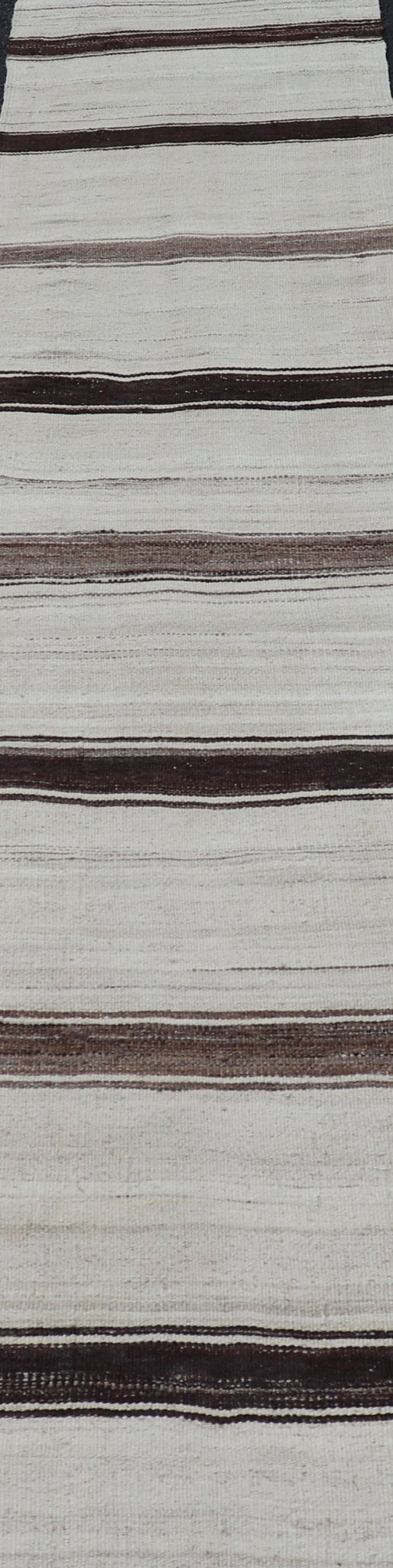 Vintage Turkish Striped Kilim Runner in White, Black, Brown and Tan Vintage Kilim Runner, Keivan Woven Arts rug EN - P13442 , country of origin / type: Turkey / Kilim, circa Mid - 20th Century. minimalist design striped kilim, Vintage kilim runner ... - Keivan Woven ArtsEN - P13442 - 18455Rug